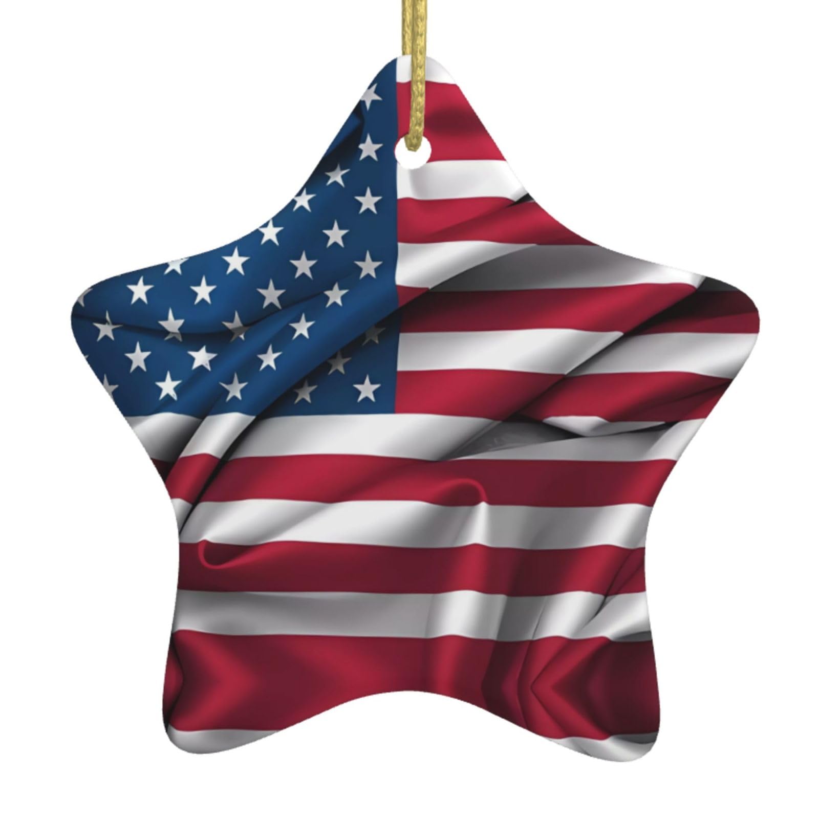 American Flag Christmas Ceramic Star Pendant with Punched Holes and Gold Wire Rope, Christmas Tree Home Decoration