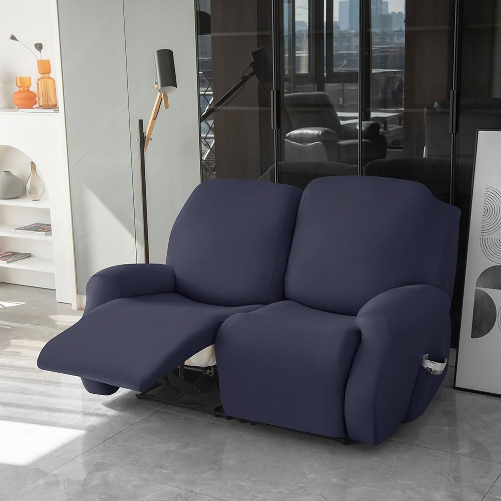 Funda elástica suave para silla reclinable, antideslizante, protector de sofá con bolsillos laterales, protector de muebles para sillas reclinables (azul marino, 2 plazas)
