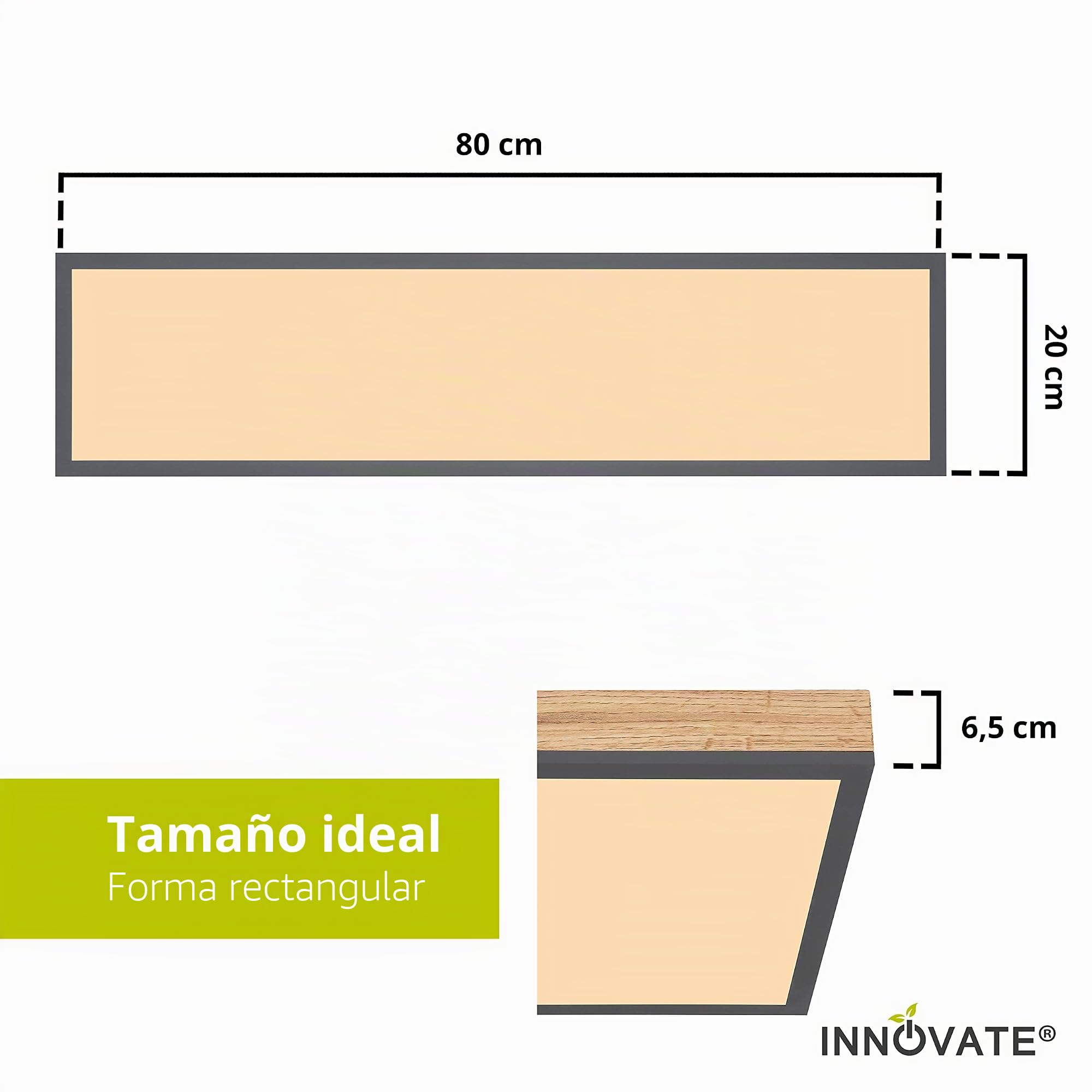 INNOVATE Lampara techo LED apariencia madera [80x20cm - 1500 Lumenes - 3000K blanco calido - 24W] Plafon LED techo Luz para cocina, baño, dormitorio, WC I Aplique baño Foco Plafón (80x20)