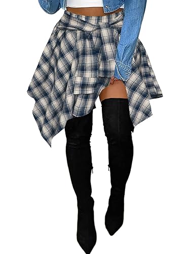 Women's Plaid Skorts Skirts - High Waisted Tie Front Pleated Summer Asymmetrical Skirt with Shorts - Medium - Navy
