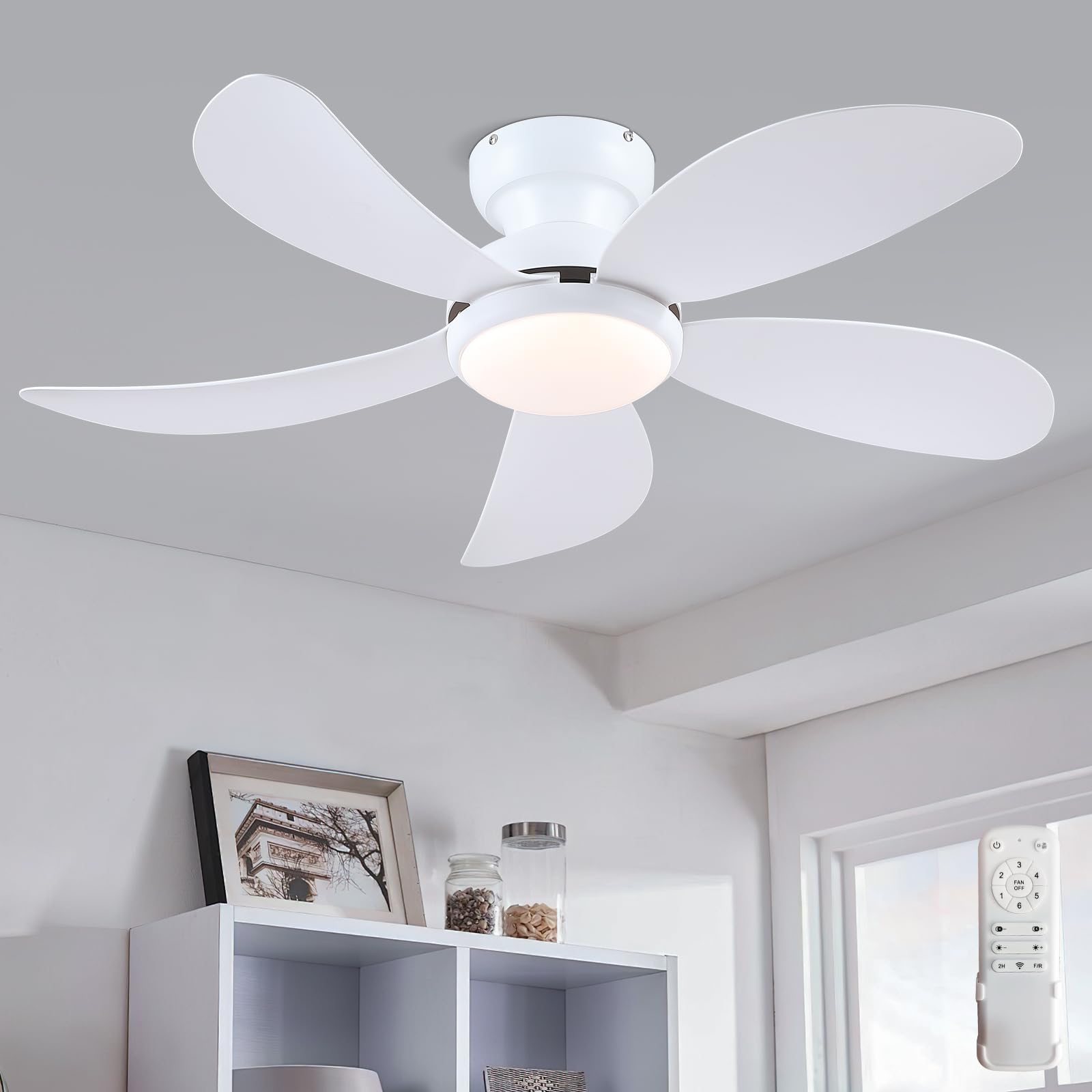 Photo 1 of (used, untested)PHORUS 42" White Low Profile Ceiling Fans with Lights and Remote, Small Modern Flush Mount Ceiling Fans with Quiet Reversible DC Motor, Dimmable 3 Colors 6 Speeds