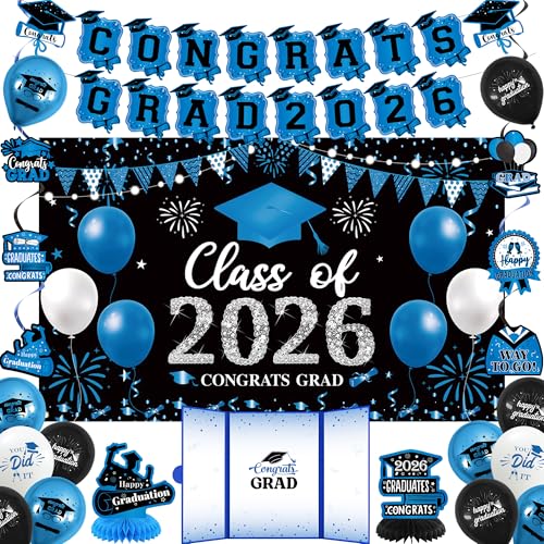 Image of Vlipoeasn Blue 2026 Graduation Party Decorations 2026 College /High School Graduation Decorations Party Supplies, Class of 2026 Congrats Grad Backdrop Banner Signature Book