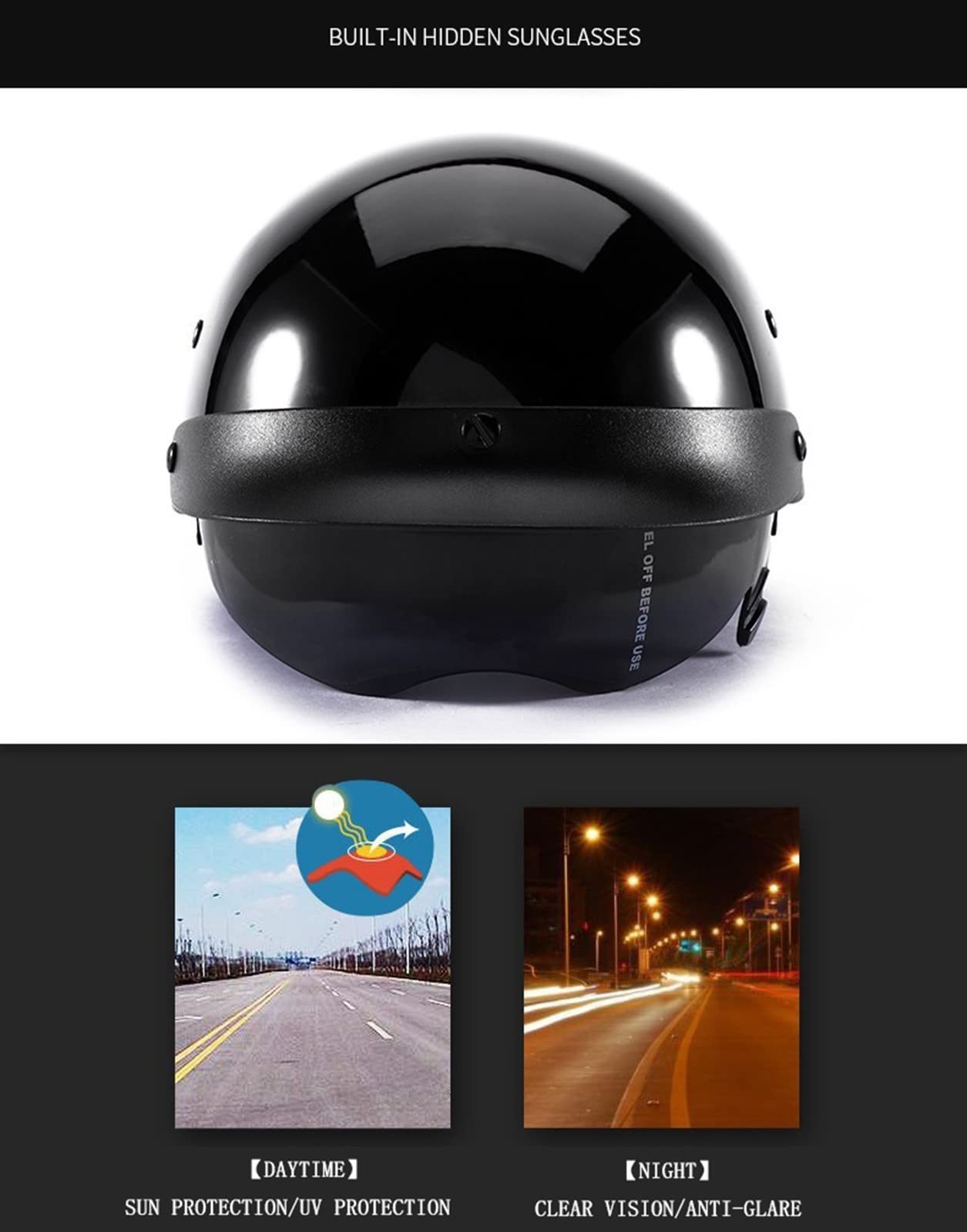 HZIH Portatile Jet Casco Scodella ECE Omologato Retrò Motociclo Aperto Faccia per Donna Uomo Scooter con Visiera Sole a Scomparsa B, L=59-60cm