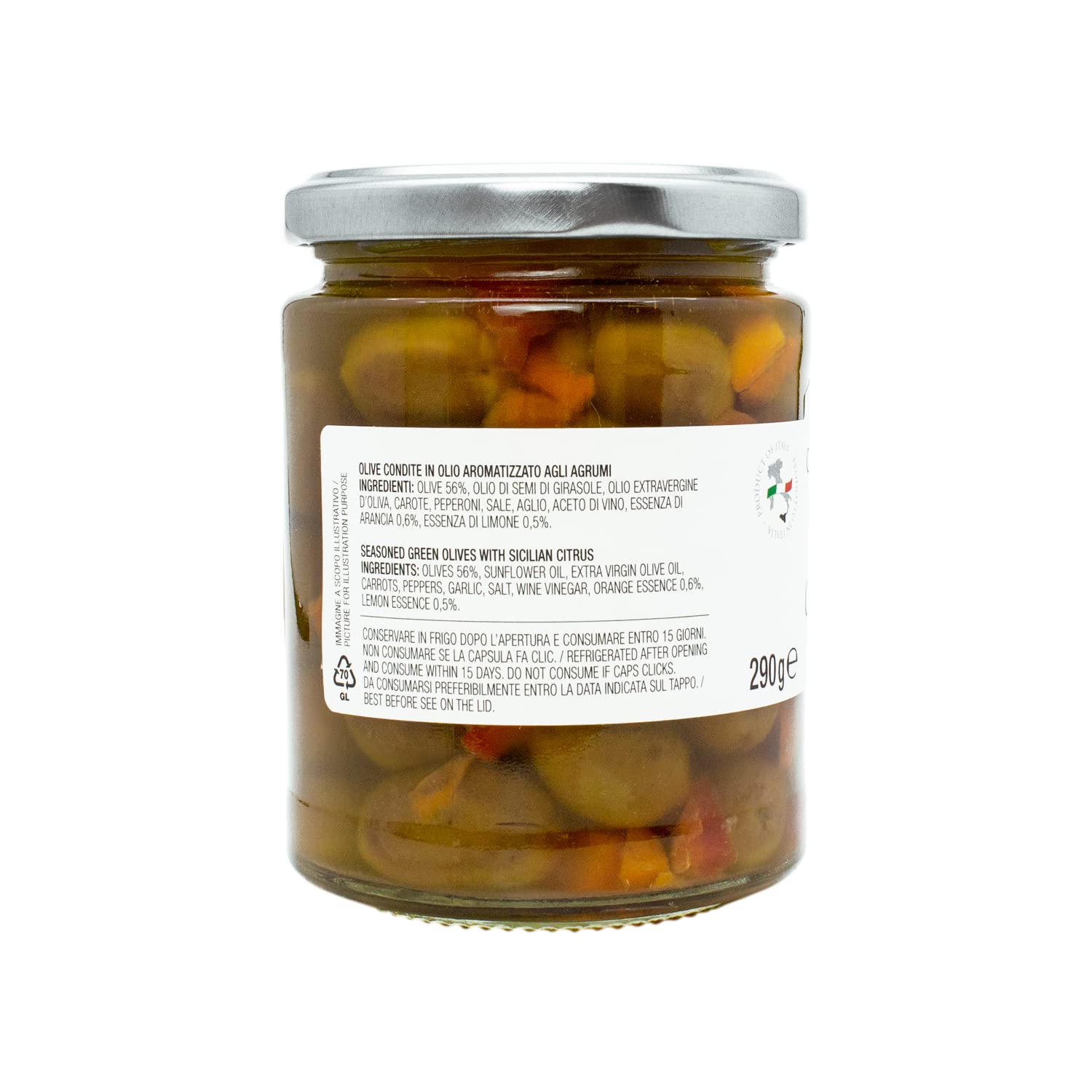 CAMPO D'ORO OLIVES VERTES ARÔMATISÉES AUX AGRUMES DE SICILE 290 gr Olives sicilienne sous huile aux agrumes de sicile d'orange et de citron. 100% made in Italy