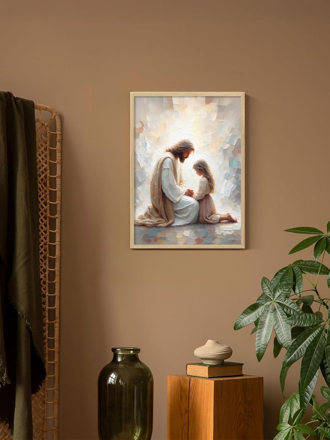 Jesus and Girl Wall Art Natural Wood Christian Religious Wall Decor Jesus Pictures for Living Room Modern Christian Posters for Bedroom Bible Scripture Framed Canvas Art 16x24 Inch