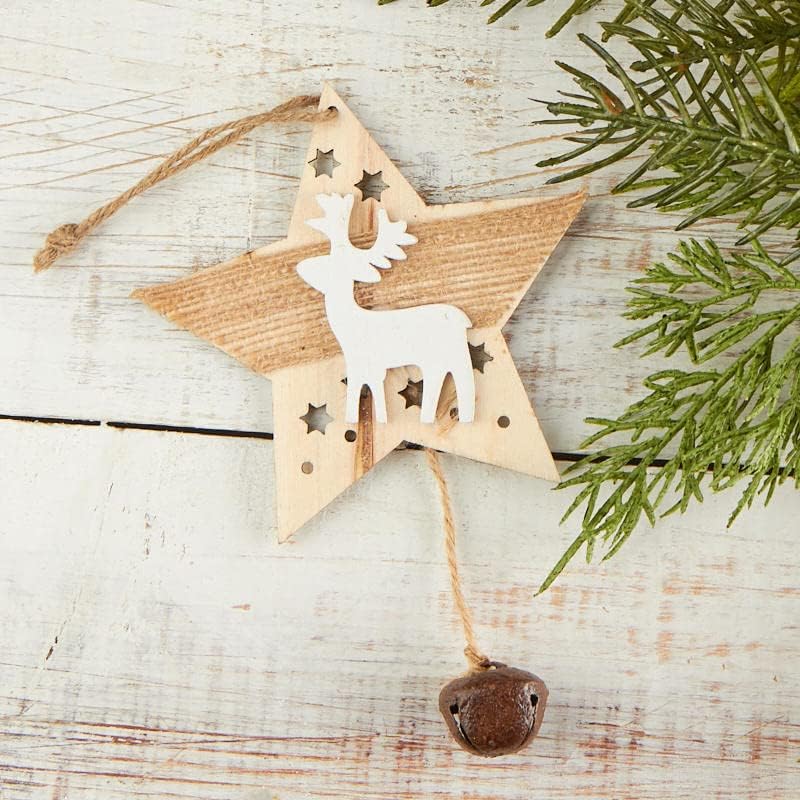 Factory Direct Craft Package of 24 Wooden Star Ornaments with Reindeer and Jingle Bell