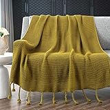 RUDONG M Knitted Throw Blanket with Fringe, Mustard Green Knit Throw Blanket for Couch Bed Sofa 50' x 60'