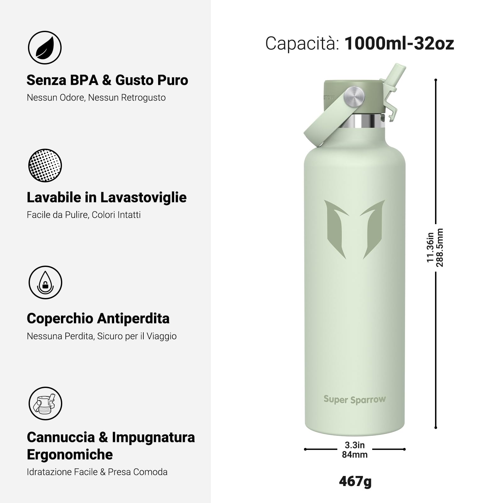Super Sparrow Borraccia Termica, Acciaio Inox Bottiglia Termica - 350ml, 500ml, 750ml, 1L - Senza BPA Borracce, Borraccia Bambini per Scuola, Sport, Campeggio, Yoga, Palestra, Ciclismo