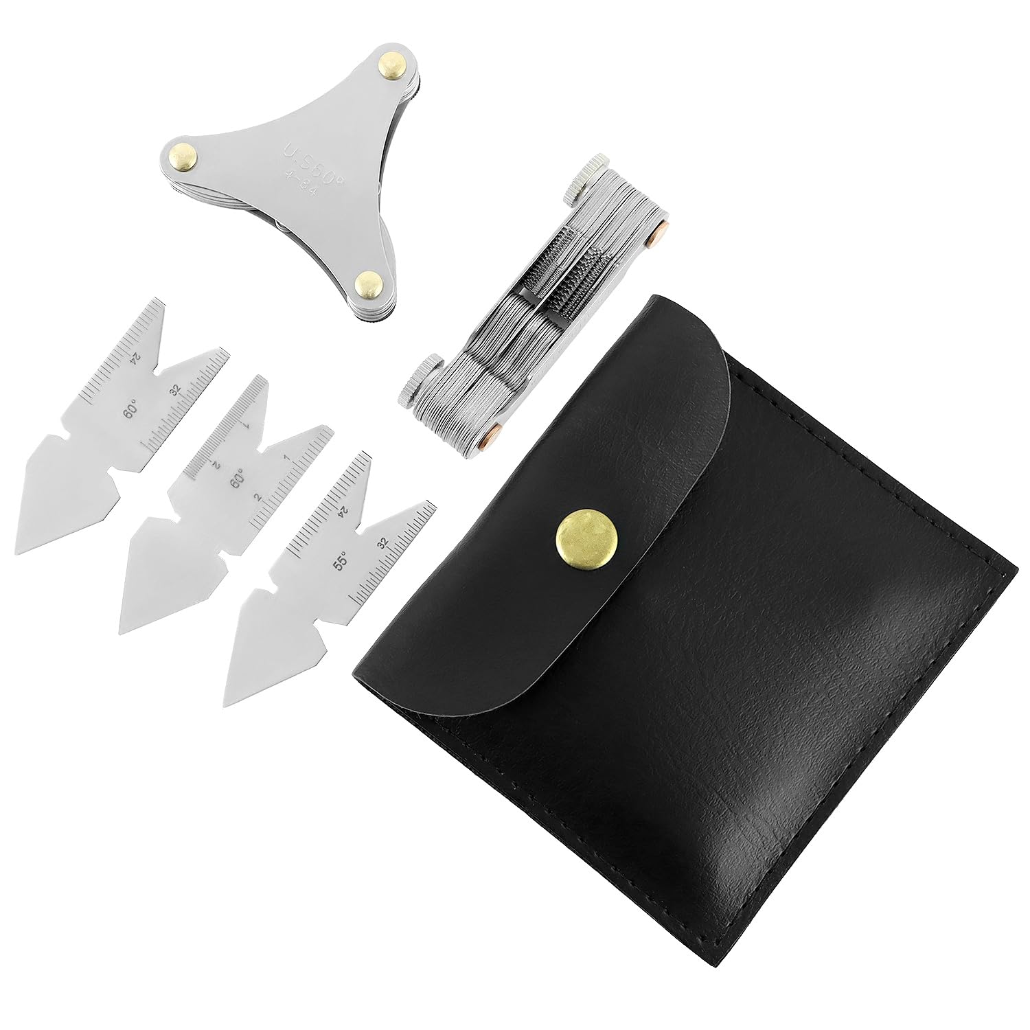 QWORK 5-Piece Thread Pitch Gauge Measure Tool Set - Stainless Steel, SAE & Metric Measurements, Easy-Read Marking