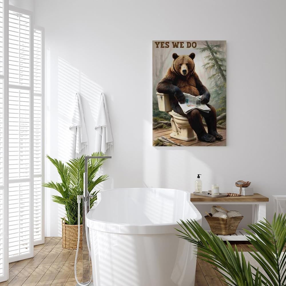 GUBIYU Funny Bathroom Bear Wall Art a Fun Bear Reading in Toliet in the Woods and it Seems Yes We Do Quirky Posters Canvas Painting Picture Humor Animal Wall Decor for Restroom Toliet Bathroom 16"x24"
