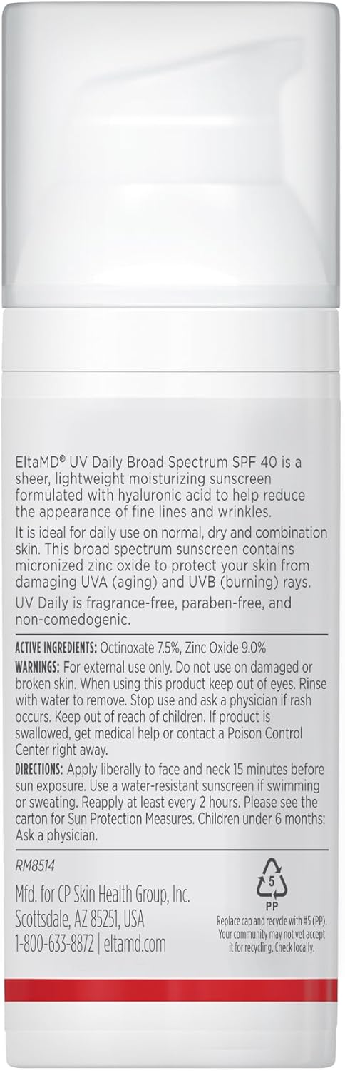 EltaMD UV Daily Face Sunscreen with Transparent Zinc Oxide and Hyaluronic Acid, Moisturizes and Protects, Great for Dry, Combination, and Normal Skin