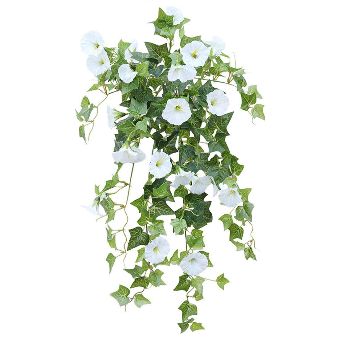 Calcifer 1 Branch(12 Stems/23 flowers) Artificial Morning Glory Trumpet Flower Vine Plastic Flower Bouquet Hanging Wall Strings Flowers For Home Garden Wedding Party Decoration (White)