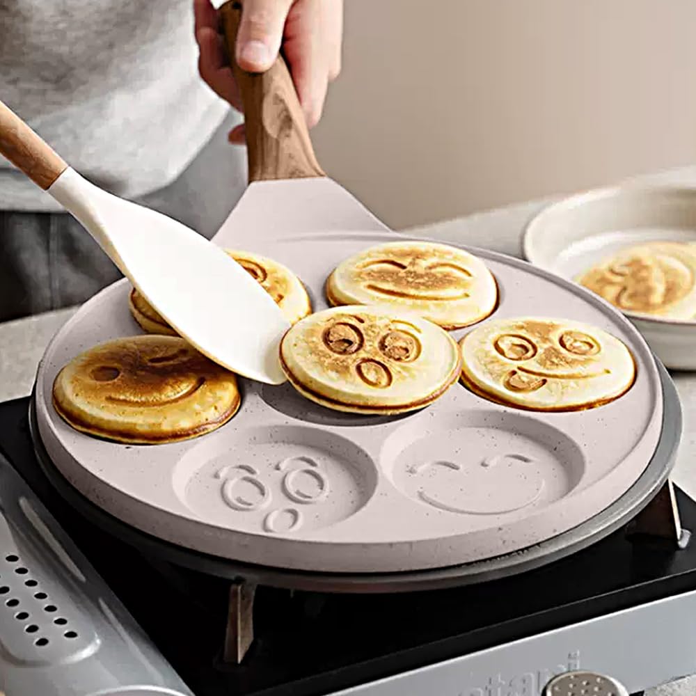 Sarten para Tortitas de Induccion, Molde Tortitas Smiley Antiadherente 7 Agujeros Sartén para Crepés de Desayuno para Niños 26 cm - Blanco