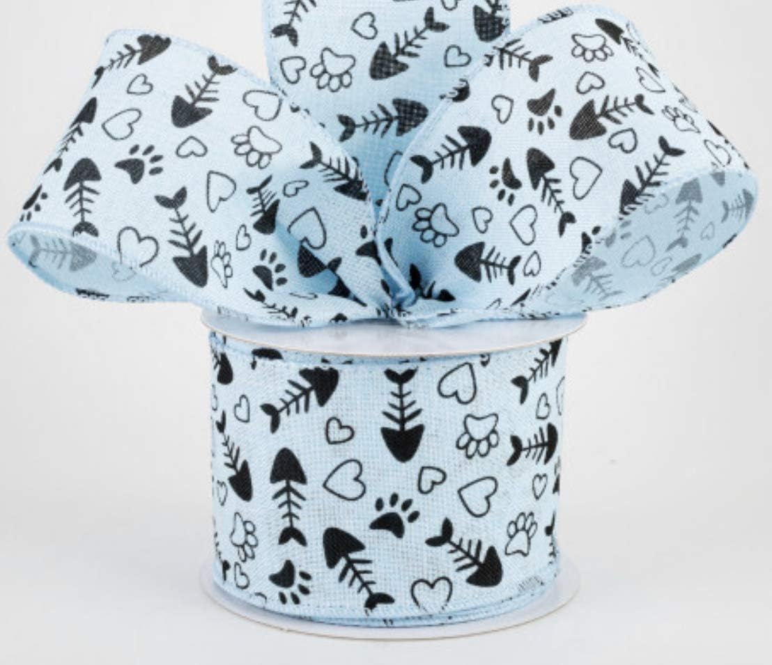 Light Blue Wired Linen Ribbon 2 1/2" Black Fish Bones Hearts Cat Paw Prints Pawprint Pet Feline Kitty Paws Light Blue Stitched Wire Edged 2.5" 10 Yard Roll Cat Themed Ribbon (30 Feet)