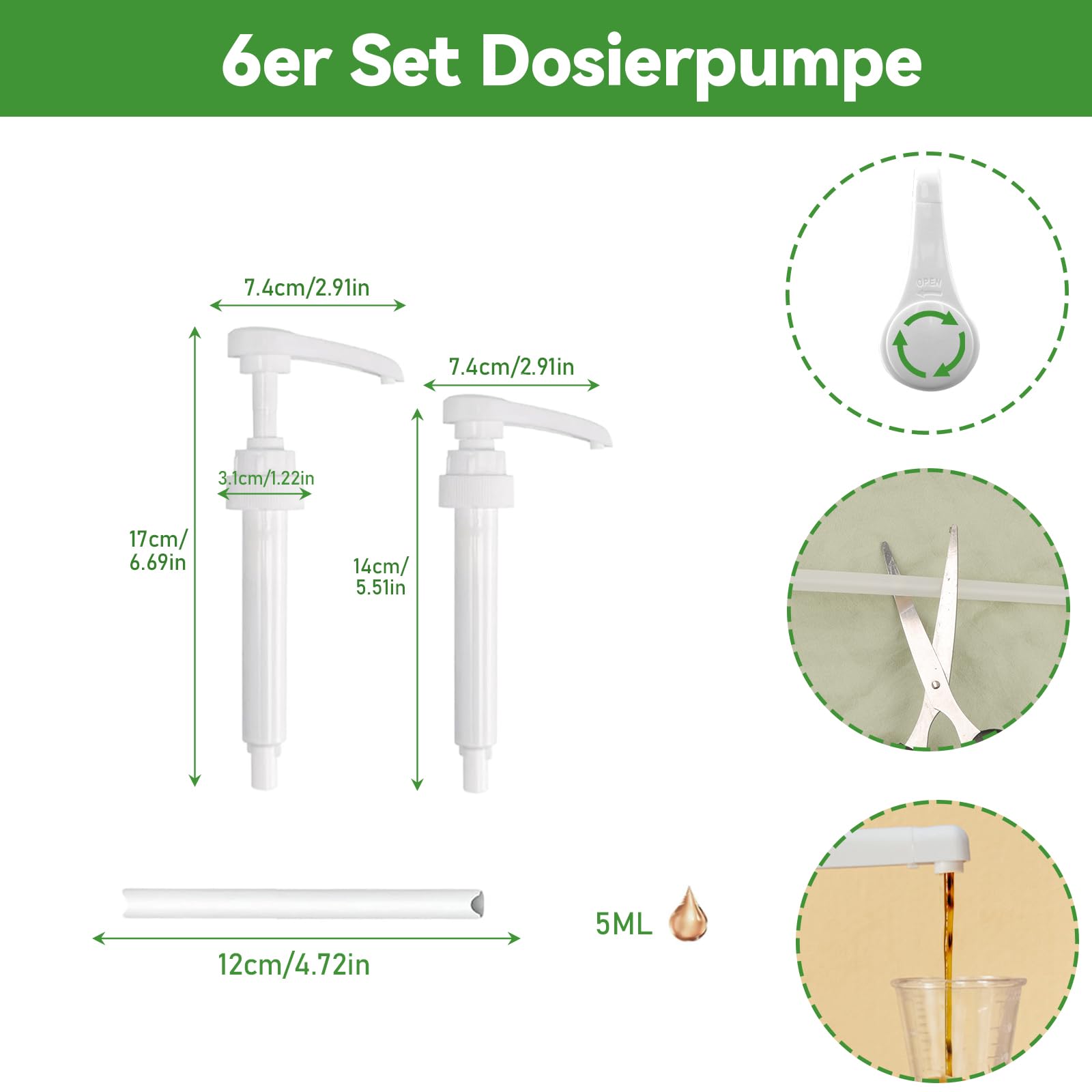 6-częściowy zestaw pompek dozujących, dozownik pompy wielokrotnego użytku, dozownik syropu 5 ml i 10 ml, nasadka z pompką, pompa syropowa dla rodziny, kawiarni, restauracji