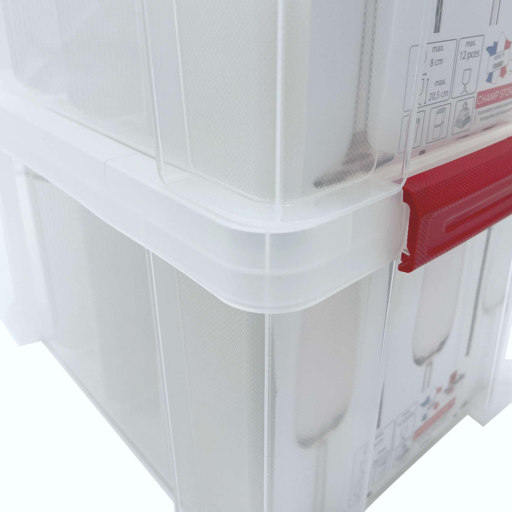 SUNDIS Champ Store, 2er-set Aufbewahrungsboxen für Gläser mit Deckel | Robust, transparent, Fassungsvermögen 12 Gläser, max. Durchmesser 8 cm, max. Höhe 20,5 cm, mit clips, stapelbar