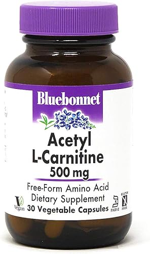 Bluebonnet Nutrition acetil L-carnitina transporta ácidos grasos aumenta la energía celular sin soja y gluten certificado Kosher vegano 30 cápsulas