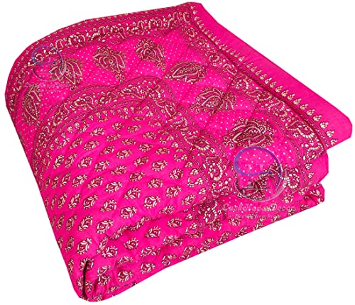 Image of Jaipuri Razai Single Bed Gold Print with Computerized Quilting Use as Soft and Breathable Cotton Comforter Quilt Rajai Blanket Dohar Size 55X85 inch Pink Pack of 1