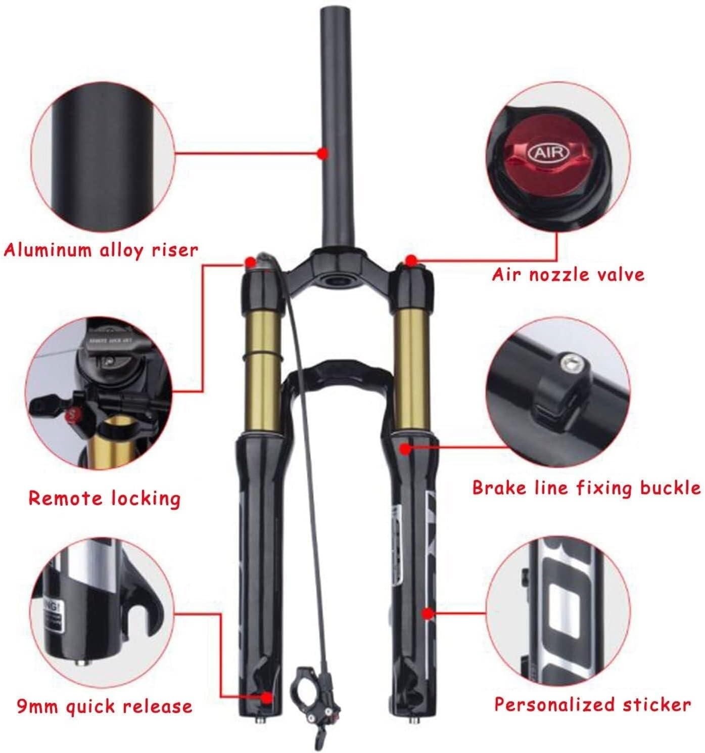 135mm Travel Aluminum Alloy Air Supension Front Fork 1-1/8" 9mm Quick Release Remote Lockout Accessories 24in Bicycle Suspension Fork