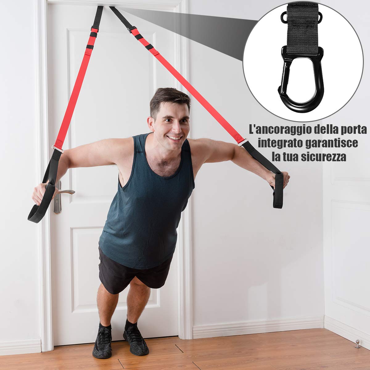 COSTWAY Cinghie per Allenamento Sospensione, Set di Allenamento con Sistema di Ancoraggio per Porta e Borsa, Lunghezza Regolabile 145 cm - 200 cm, Portata 180 kg
