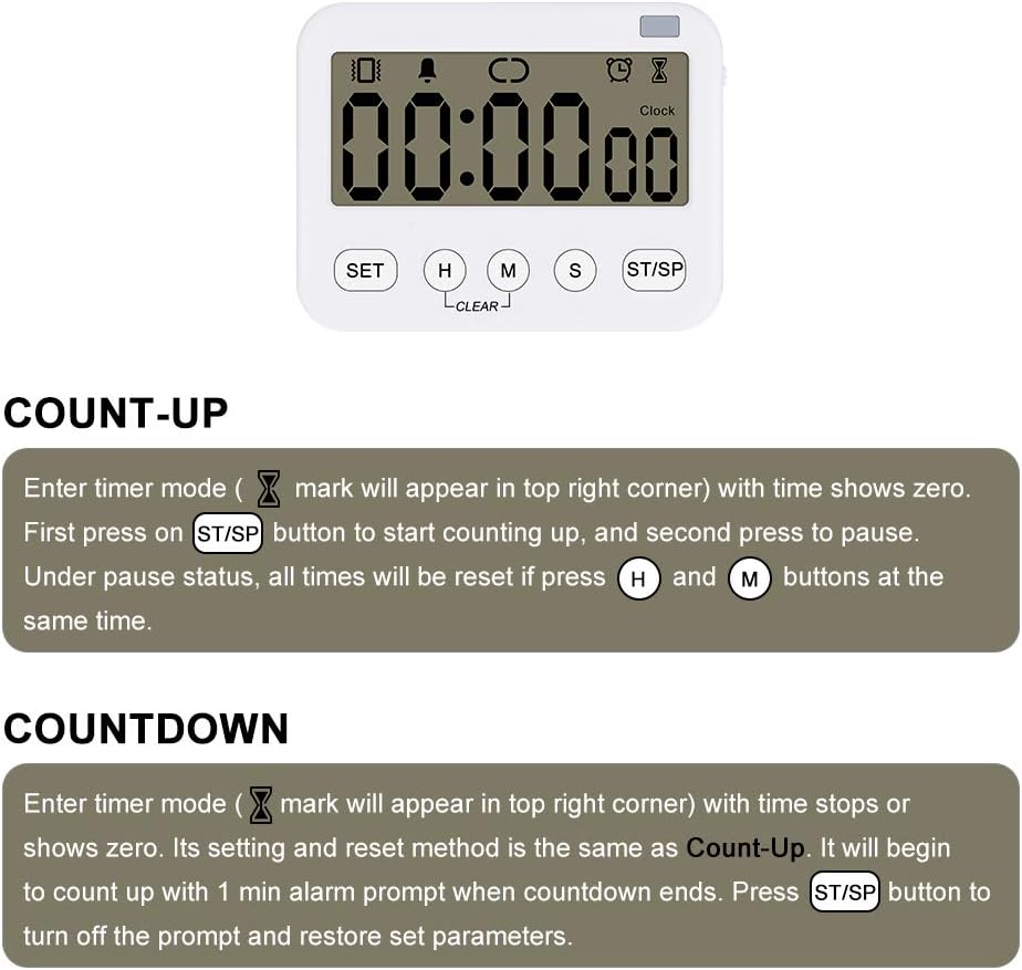 White Multi-Function Digital Timer Clock with Alarm, 2 Pack