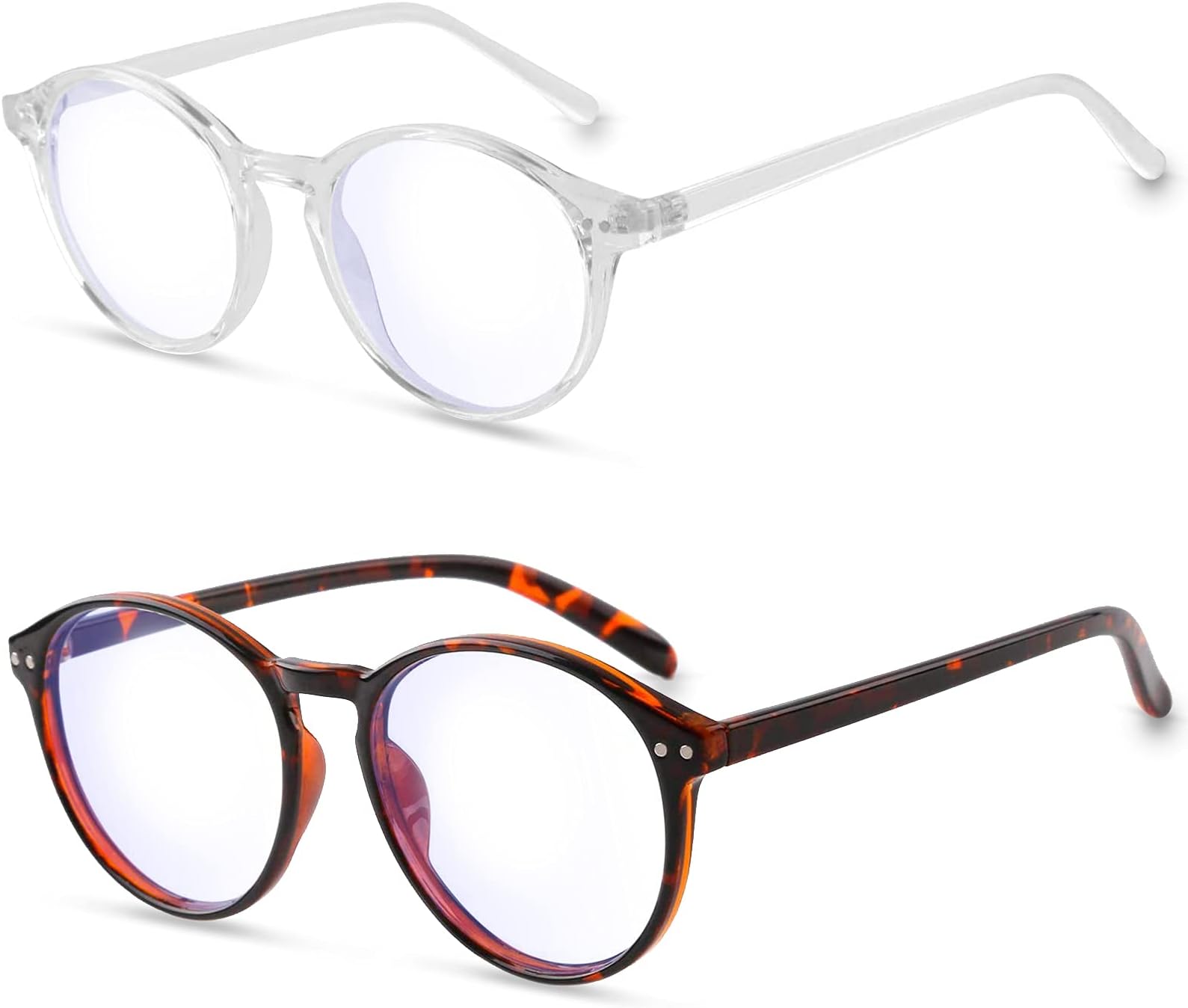 Elimoons 2 Pack Blue Light Blocking Glasses Round Stylish HD Clear Lens Glasses, PC Gaming Computer TV Gogy Glasses, Anti Eyestrain/Glare/Headache Eyeglasses for Women Men (Leopard/Transparent)