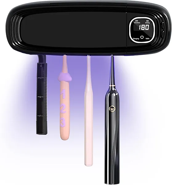 Wall Mounted Toothbrush Holders for Bathrooms, 4 Slots UV Toothbrush Sanitizer and Holder with Air Drying 3000mAh Rechargeable Cordless UV Toothbrush Cleaner with Timer Function & No Drilling