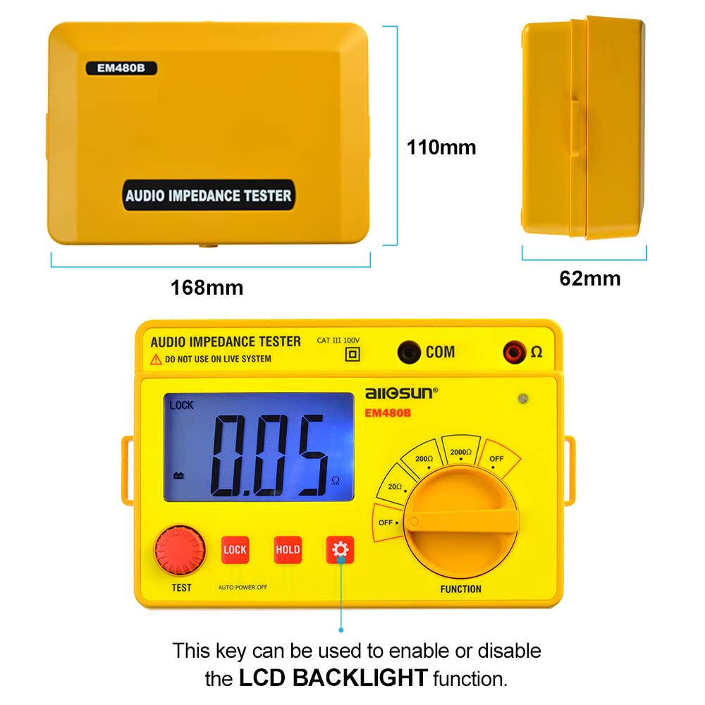 allsun Digital Insulation Resistance Meter, Earth Audio Impedance Tester, Handheld Megohmmeter, LCD Backlight, Yellow (EM480B)