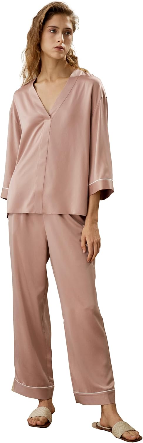 LilySilk Silk Pajama Set for Women 100% Sand-Wash Pullover Top V-Neck 3/4 Sleeves Waisted Pants Loose Casual