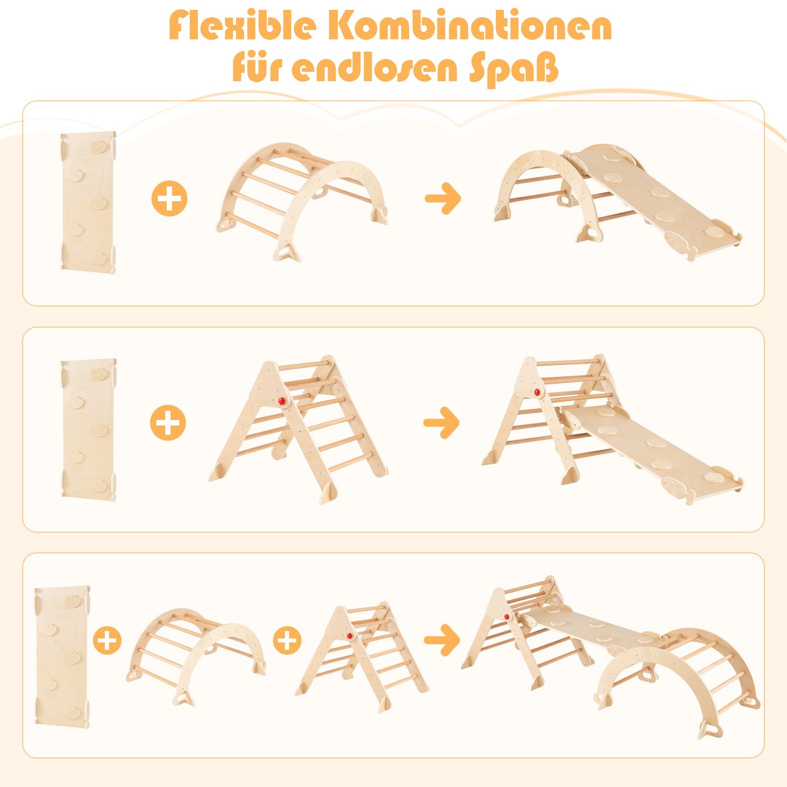 COSTWAY Kletterdreieck mit Rutsche, Kletterbogen, inkl. doppelseitige Rampe, Klettergerüst Indoor klappbar, Sprossendreieck zum Klettern, Rutschen und Wippen, Kinder Spielplatz Holz ab 3 Jahre, Natur