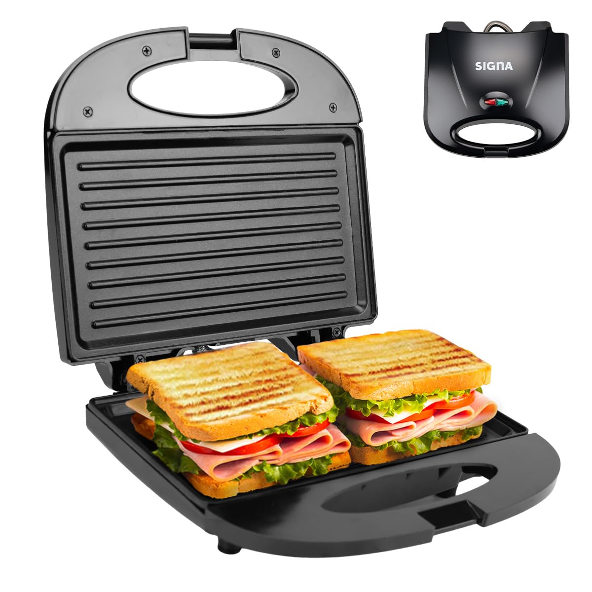 SIGNA Sandwichera Corte Rectangular 750W Panini Electrica con Recubrimiento Antiadherente Luz Indicadora Fácil de Limpiar Mini Prensa para Hacer 2 Sandwiches Cocina