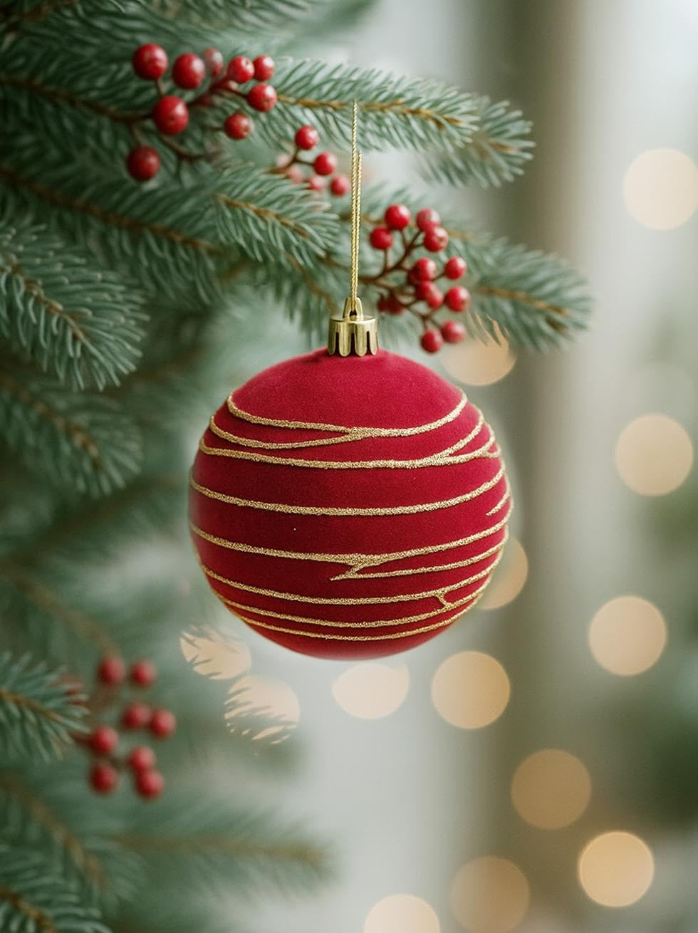 Kadife Yılbaşı Topu – Altın Simli Çam Ağacı Süsü Bordo 10 cm 3'lü