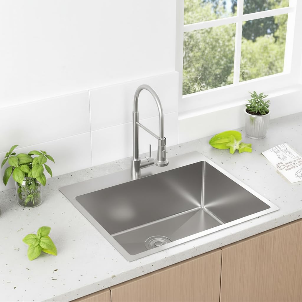 25x22 Inch Drop In Kitchen Sink, 25 Inch Brushed Nickel RV Laundry Utility Sinks, Top Mount 16 Gauge Stainless Steel Small Single Bowl 9 Inch Deep