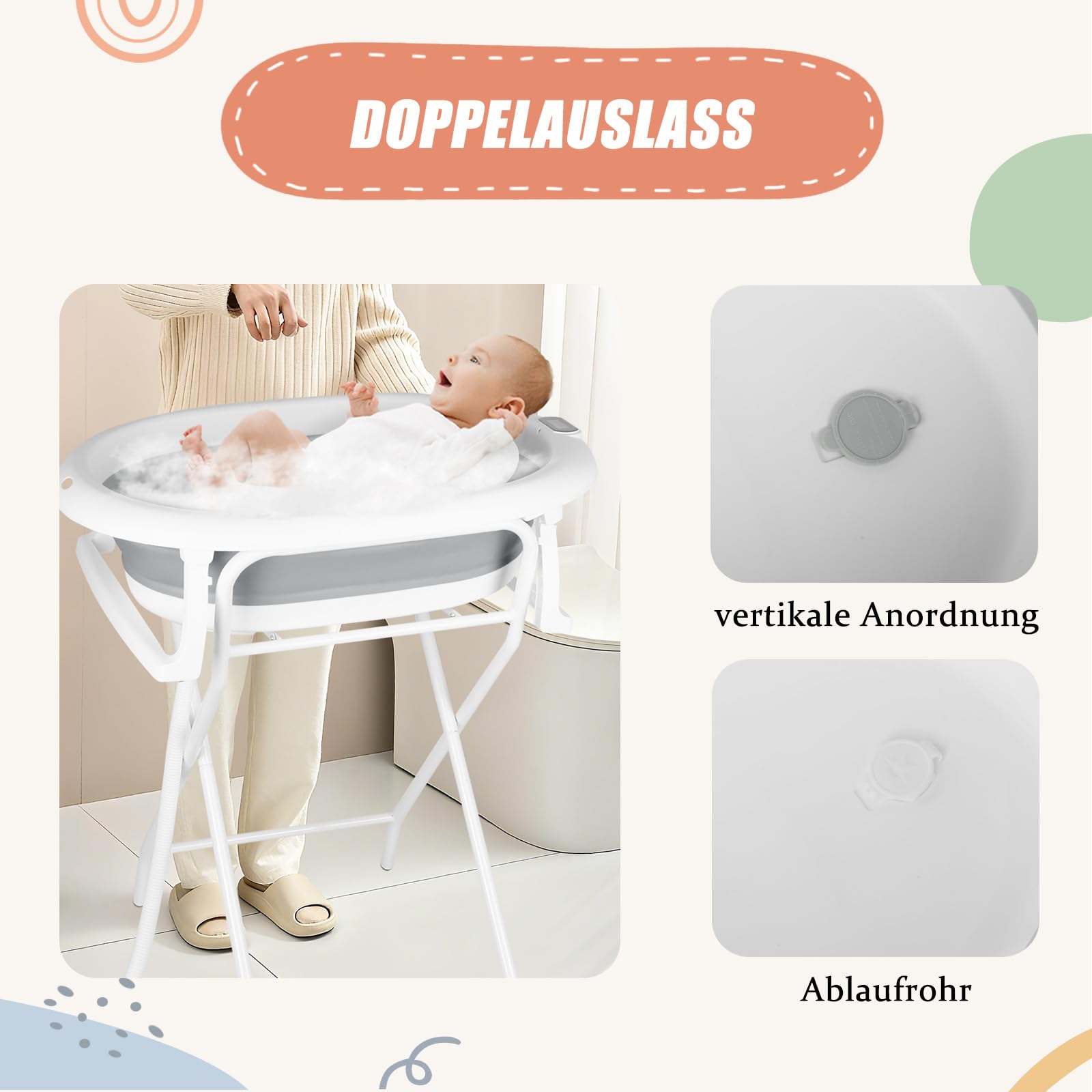 Plastikowa wanna dla niemowląt z nóżkami podtrzymującymi, bezpieczna, antypoślizgowa, wygodna, dla noworodków i dzieci (szara)