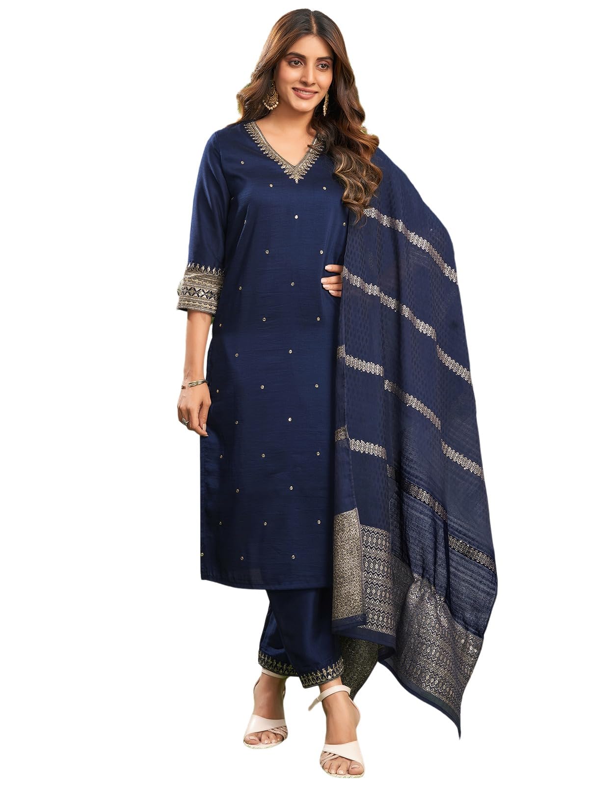 Sanisa Women's Chinnon Sequence And Embroidery Work Straight Kurta With Pant And Dupatta Set (195Kbd2075N-L_Royal Blue)