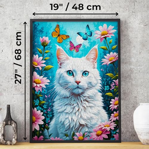 1000 Piece Jigsaw Puzzle for Adults - White Cat in Flower Garden, Kitten & Butterflies | Matte Anti-Glare Finish | Fun & Challenging Puzzle | 27x19 in | Unique Gift | Enjoy - image 2