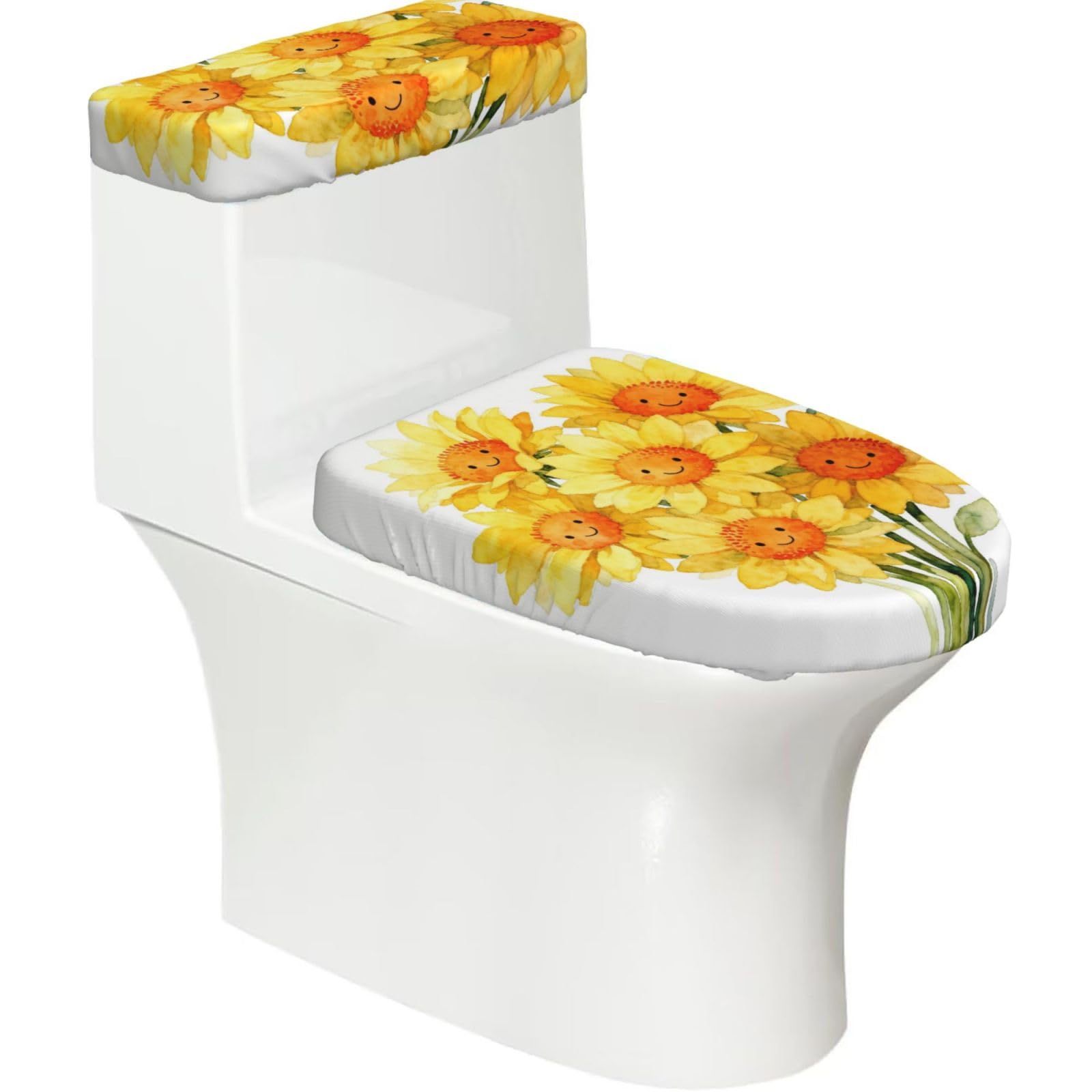 Cntdbu Black Smiling Sun Bouquet Stretchy Toilet Lid And Tank Cover Set-Soft Elastic Bathroom Decor For U Shape Oval