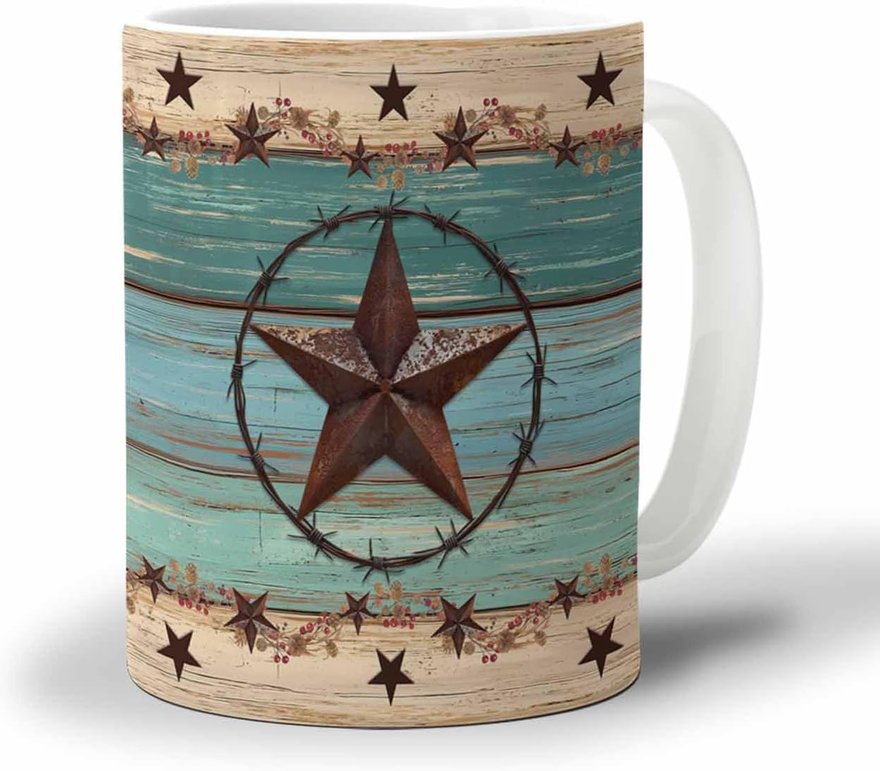 BEMIGO Ceramic Coffee Mug Vintage Texas Star Ceramic Mug White Cup, Farmhouse Blue Wooden Texture Insulated Coffee Cup with Handle with Pattern Perfect for Tea and Hot Beverages, 12oz