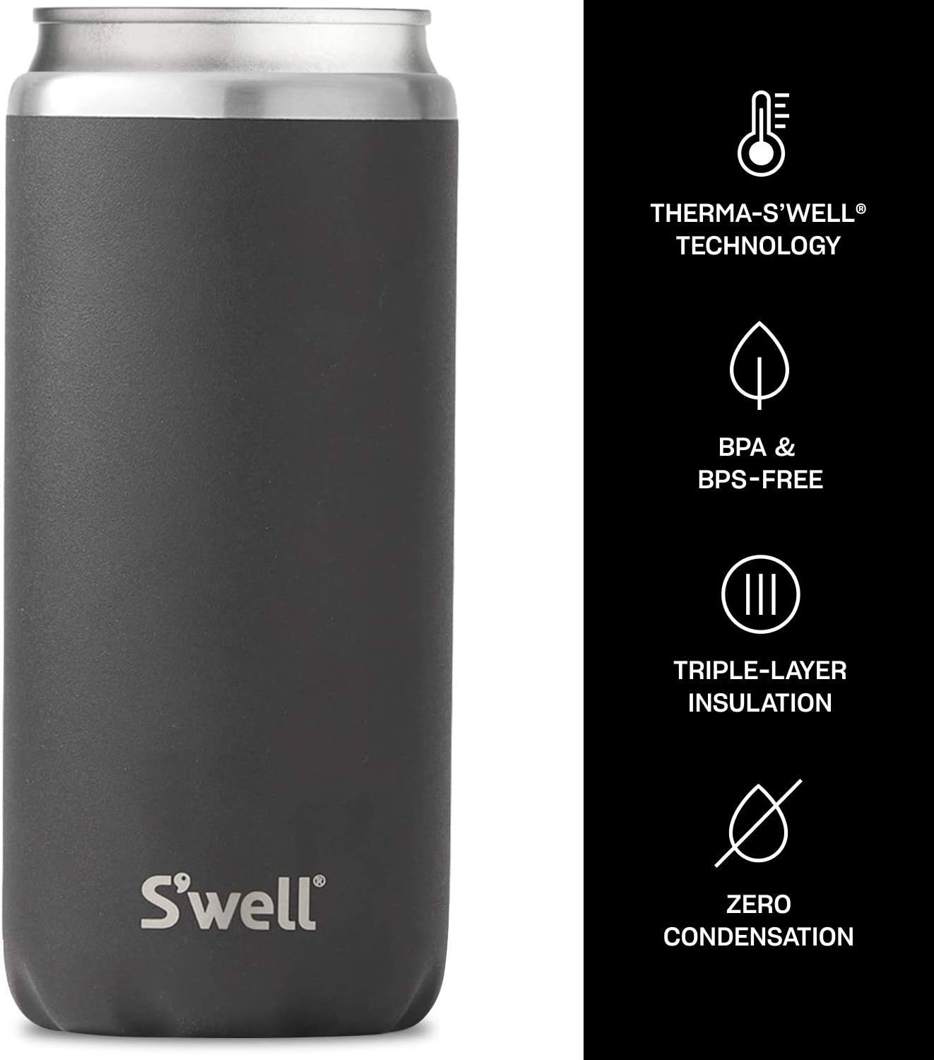S'well Stainless Steel Drink Chiller - Onyx - Fits 16-19oz Slim Cans and Bottles - Triple-Layered Vacuum-Insulated Keeps Drinks Cool and Hot for Longer - Dishwasher-Safe BPA-Free for Travel: Home & Kitchen