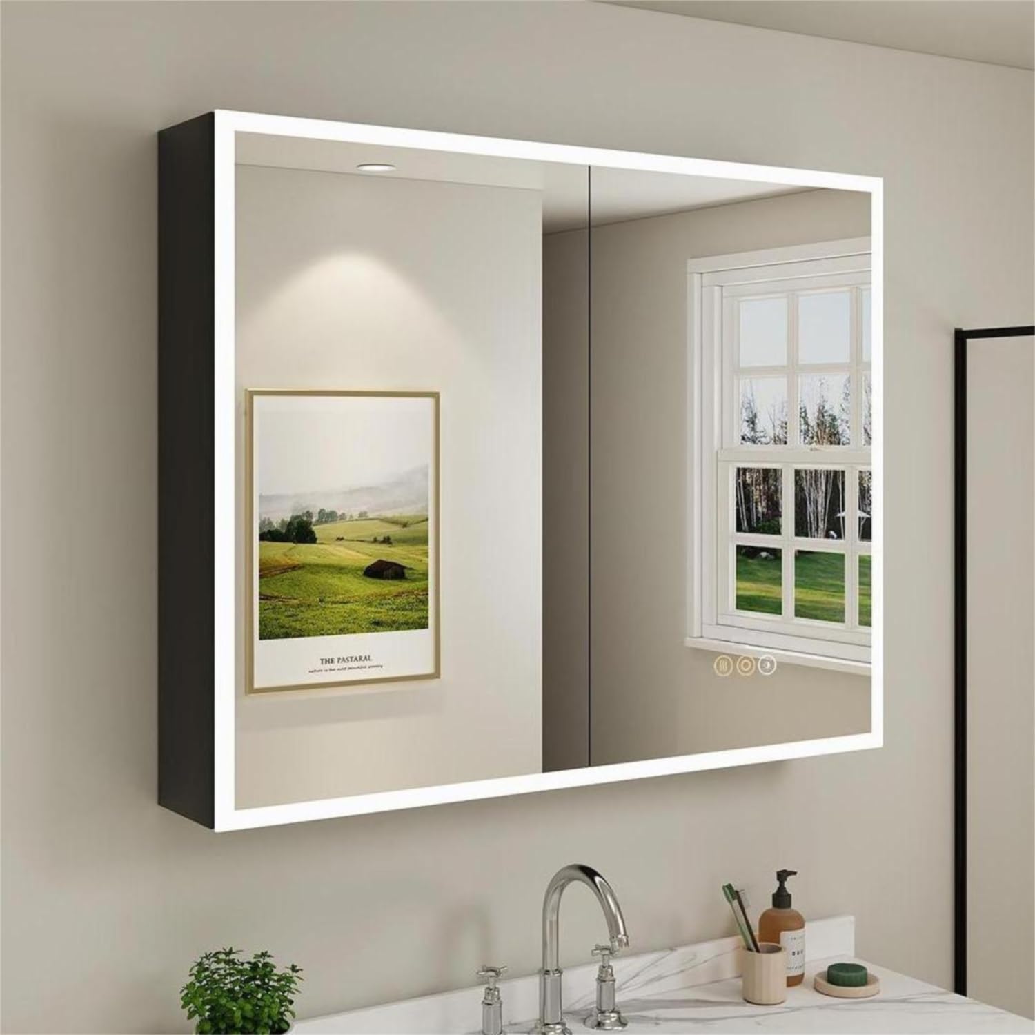 Buruis Medicine Cabinet with LED Lights and Mirror, 36 x 32 Inch Recessed/Wall Mounted Bathroom Cabinet, 3-Color Light, Defogger, Memory Function, Outlet & USB, Dimmer, Black