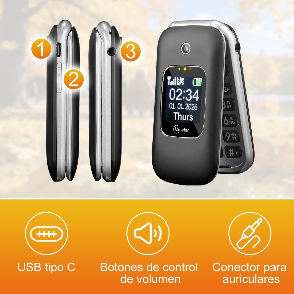 4G Teléfono Móvil de Tapa para Mayores, Botones y Teclas Grandes, Doble Pantalla de 2,4+1,44 Pulgadas, Botón SOS, Bateria 1350mAh, USB-C, Base de Carga, Volumen Alto, Fácil Uso para Ancianos