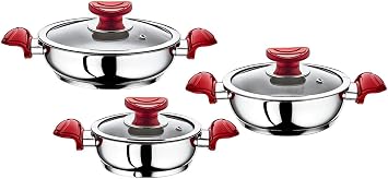 Set of three 3 stainless steel MINI hot pots with two plastic side handles and with glass lids, Made in Turkey Turkiye 7.8", 7", and 6.2" wide, small pots for individual servings or side dishes