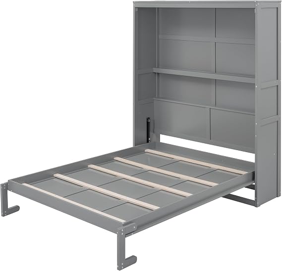 Queen Size Murphy Bed Cabinet Folding Wall Bed with Shelves, Space-Saving Wall Bed for Multipurpose Room, Platform Bed for Home Office Bedroom (Gray-106)