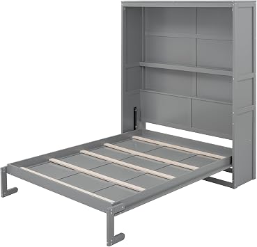 Queen Size Murphy Bed Cabinet Folding Wall Bed with Shelves, Space-Saving Wall Bed for Multipurpose Room, Platform Bed for Home Office Bedroom (Gray-106)
