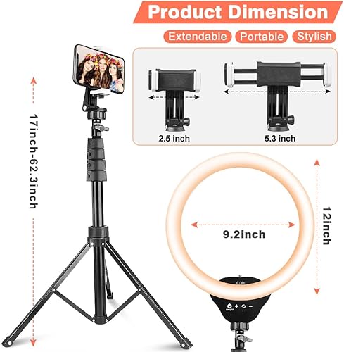 Vista 3 de Aureday - Anillo de luz LED de 12 pulgadas con soporte y soporte para teléfono, luz de video 3000K-6000K regulable para selfie para video