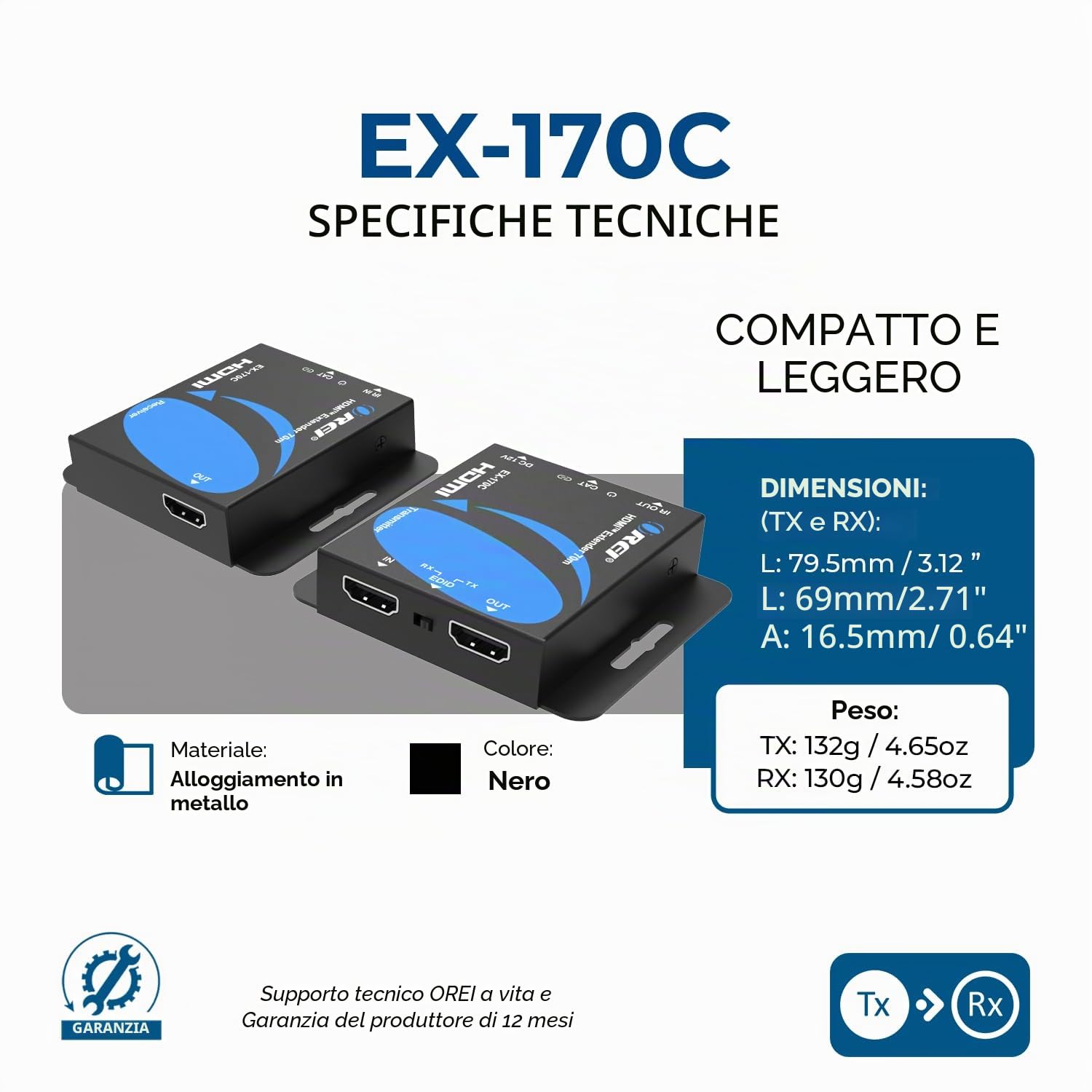 Orei - Extender HDMI su CAT5/CAT6 con IR fino a 40 m, loop out, distribuzione del segnale Full HD 1080p (EX-170C)
