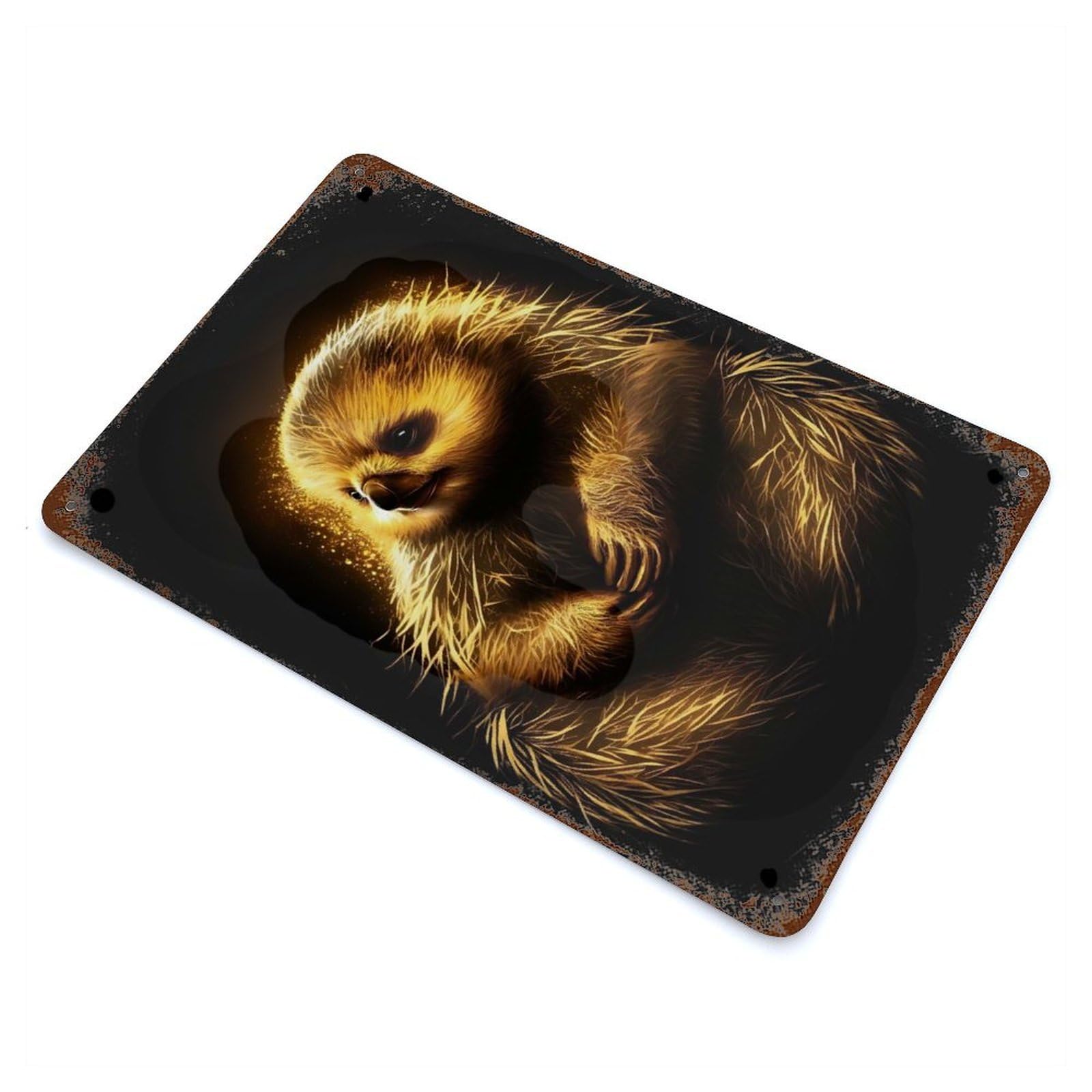 Rusty Metal Tin Sign with Gold Black Sloth Design 11.8"x7.9", for Garage, Bar And Workshop Decor, Decorative Metal Wall Art