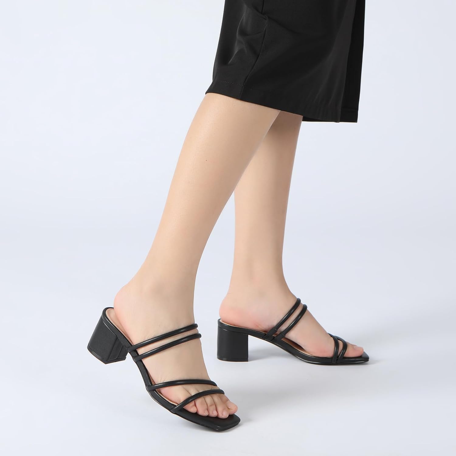 Athlefit Women's Strappy Block Chunky Heels Fashion Square Open Toe Slip On Heeled Sandals - Image 2