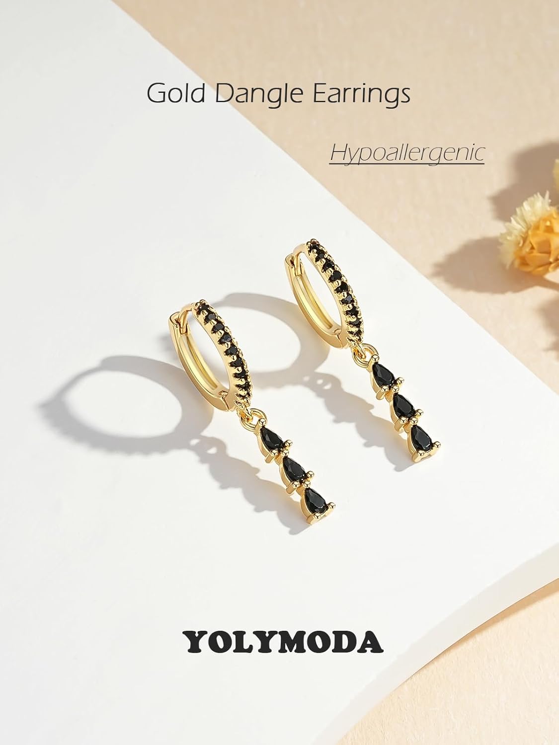 Gold and Black Dangle Drop Earrings for Women 14K Gold Plated Dainty Trendy Fashion Dangling Huggie Hoops Formal Small Dangly Earrings with Cubic Zirconia Charms Prom Earrings - Image 2