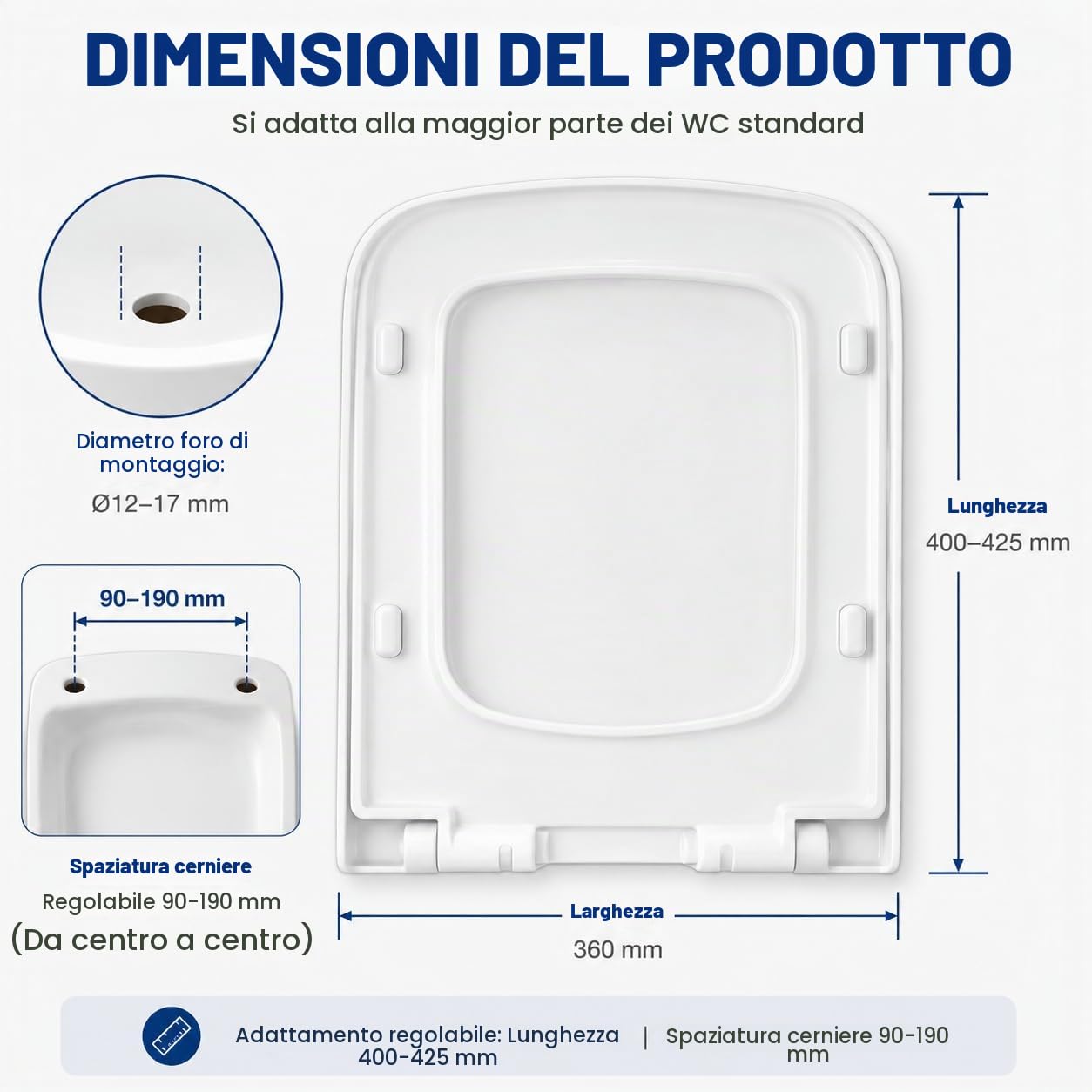 Mass Dynamic Sedile WC quadrato, con abbassamento automatico e sgancio rapido per una facile pulizia, sedile universale per WC di forma quadrata, fissaggio superiore, facile installazione (40 cm di
